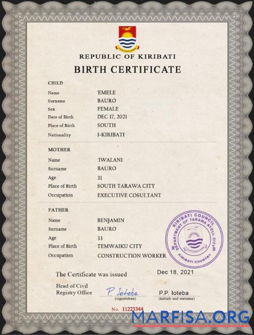 Realistic Kiribati vital record birth certificate PSD template